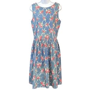 Vintage 90s Handmade Floral Rose Midi Dress Cottagecore Romantic Blue Sleeveless